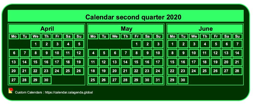 Calendar 2020 to print quarterly, tiny pocket format, green background