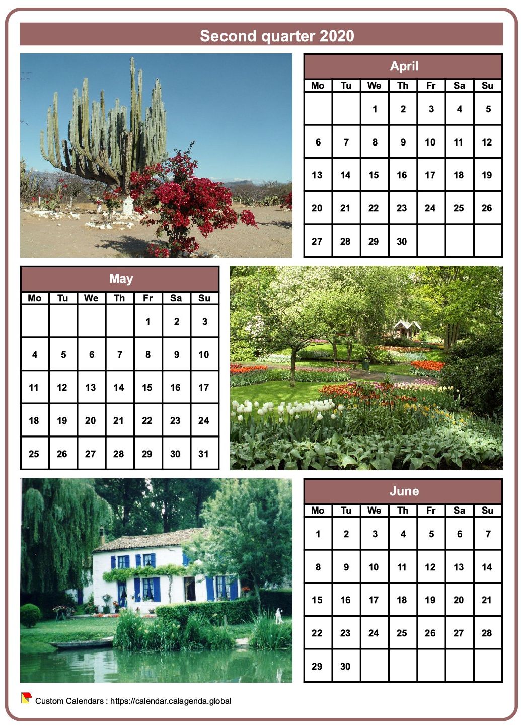 Calendar 2020 quarterly with a different photo every month