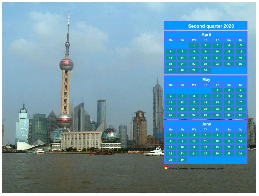 Calendar 2020 to print quarterly, format landscape, above the right part of a photo (Shangaï).