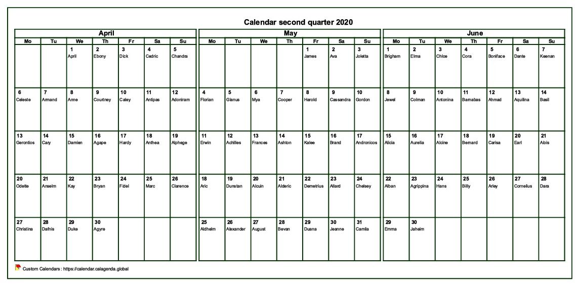 Calendar 2020 to print quarterly, format landscape