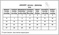 Monthly 2020 calendar for primary schools