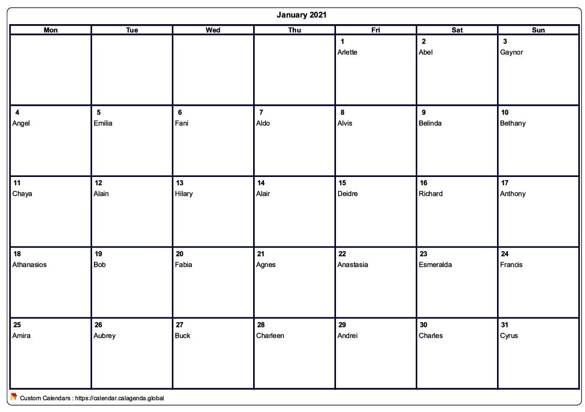 Calendar January 2021 to print blank