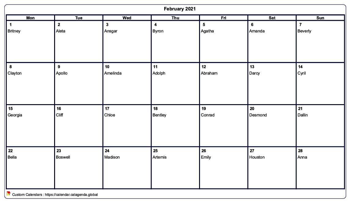 Calendar February 2021 to print blank