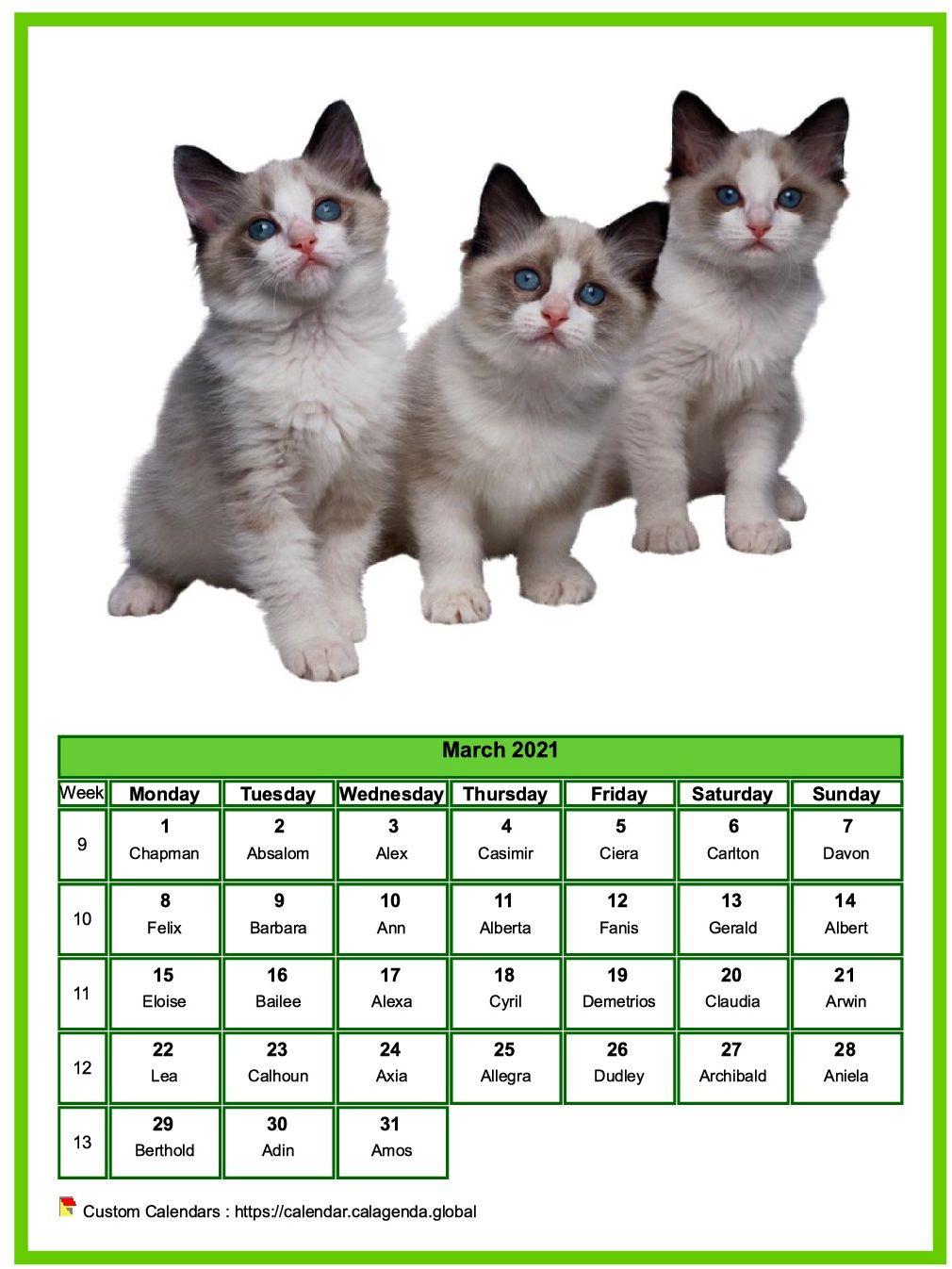 Calendar March 2021 cats