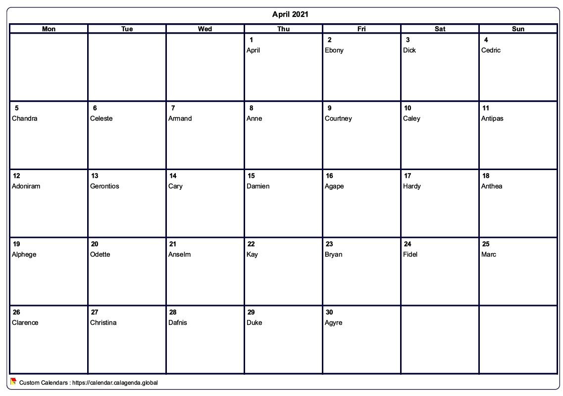 Calendar april 2021 to print blank
