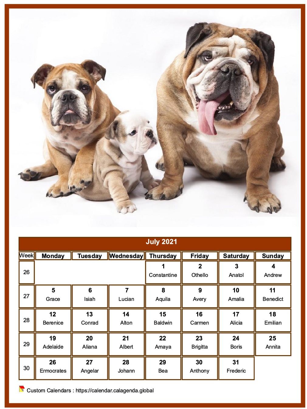 Calendar July 2021 dogs
