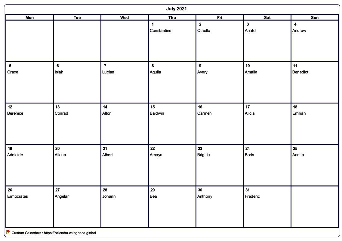Calendar july 2021 to print blank