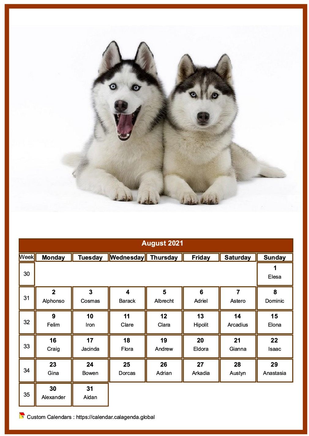 Calendar August 2021 dogs
