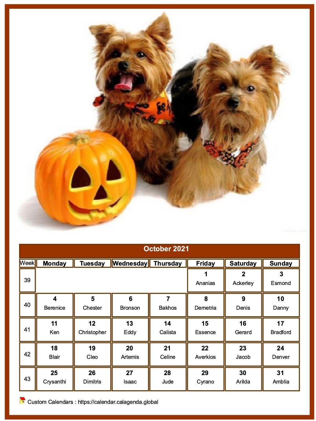 Calendar October 2021 dogs
