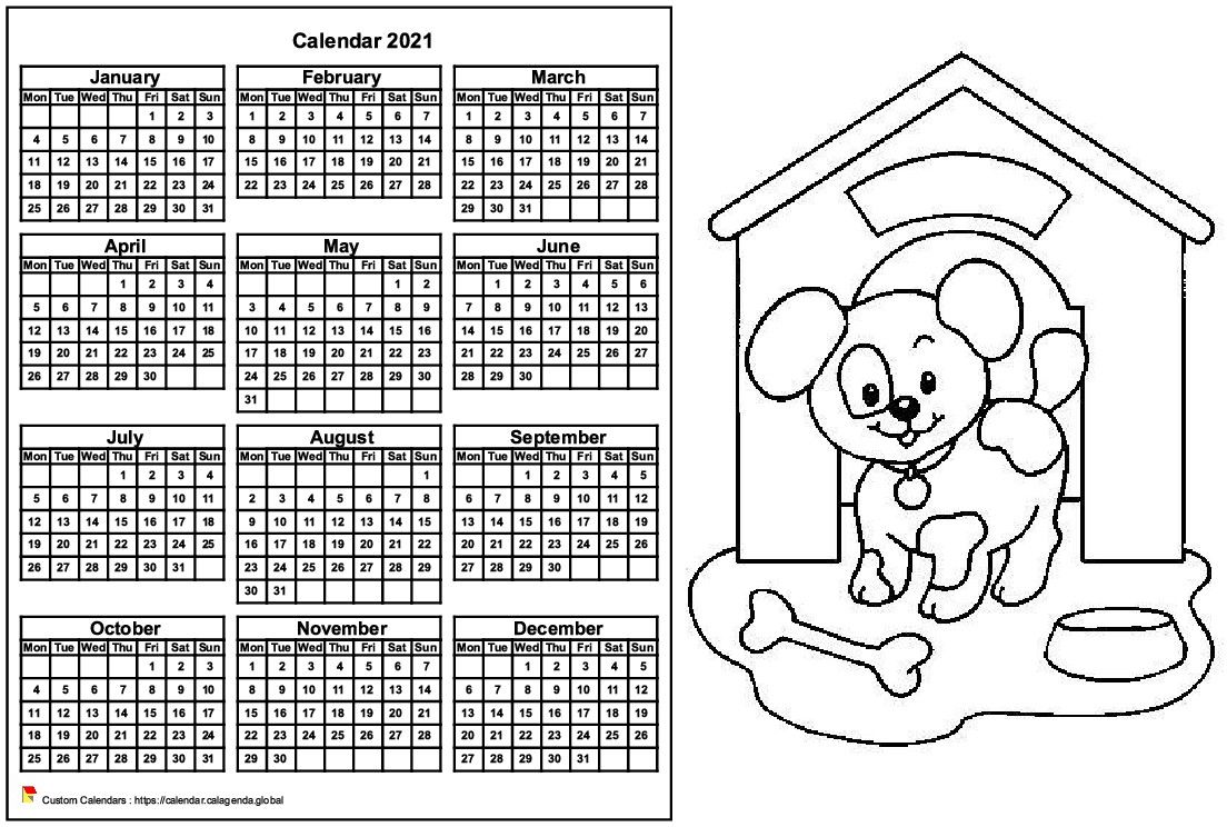 Calendar 2021 to color annual, format landscape, for children