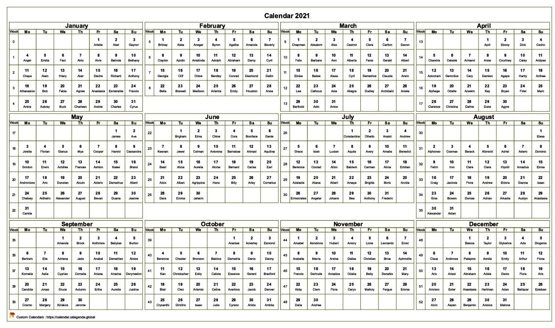  2021 annual calendar to print, format landscape, desk or wall