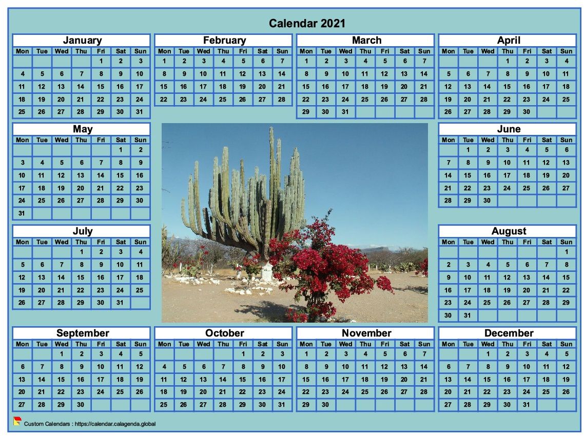Calendar 2021 photo annual to print, cyan background, format landscape, desk or wall
