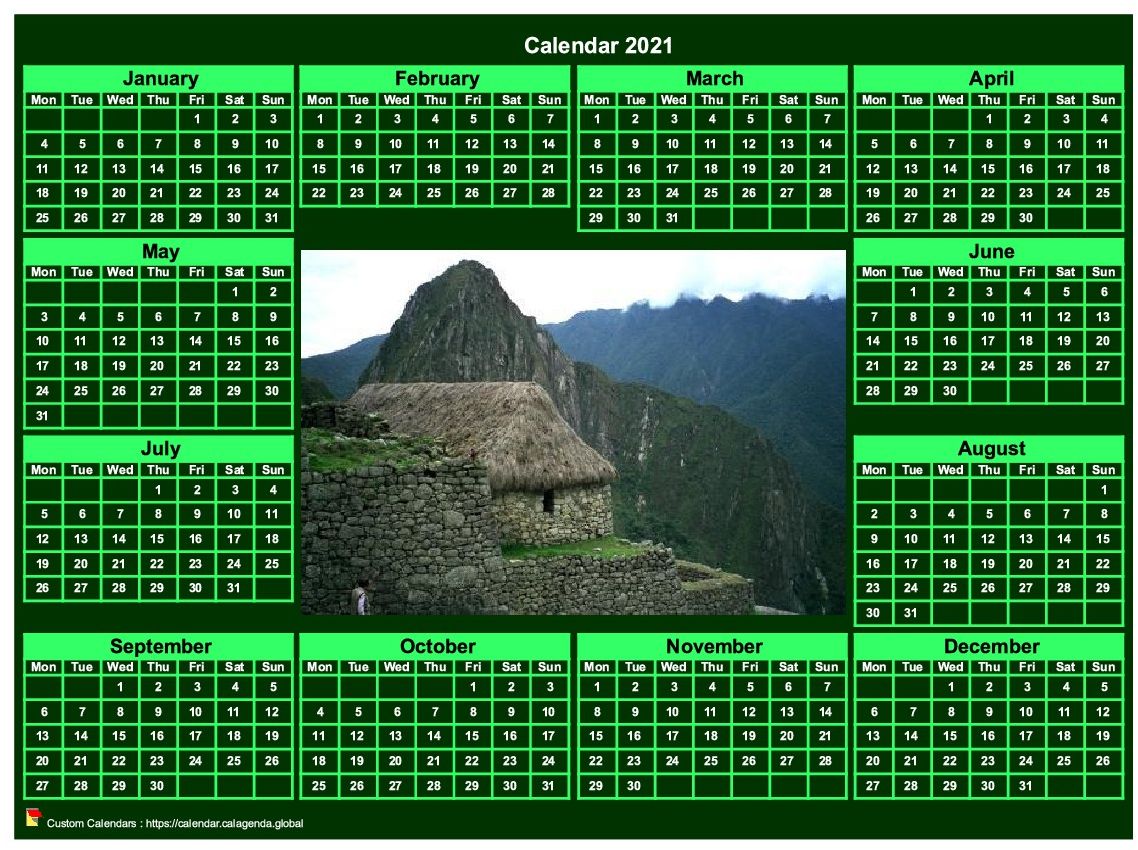 Calendar 2021 photo annual to print landscape, green background, format
