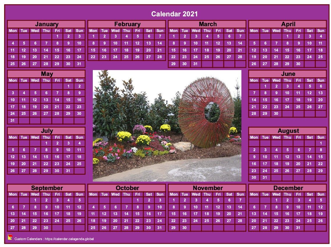 Calendar 2021 photo annual to print, pink background, format landscape, desk or wall