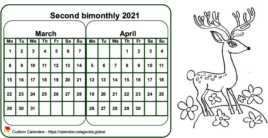 Calendar 2021 to color bimonthly, format landscape, for children