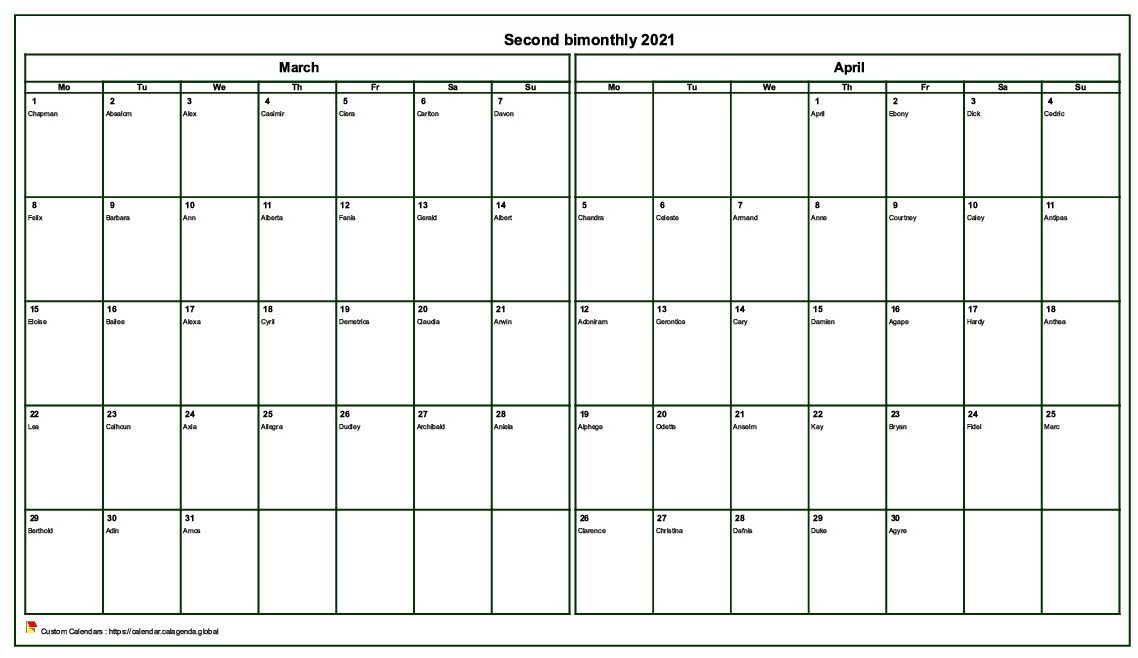 Calendar 2021 bimonthly, format landscape, with names