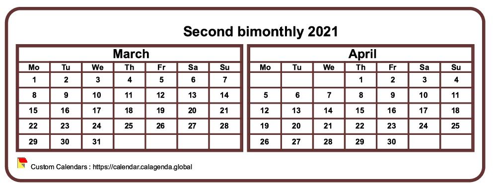 Calendar 2021 two months, tiny horizontal, pocket format, white background