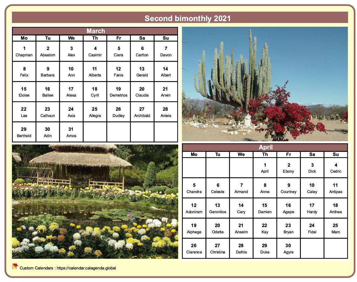 Calendar 2021 bimonthly with a different photo every month