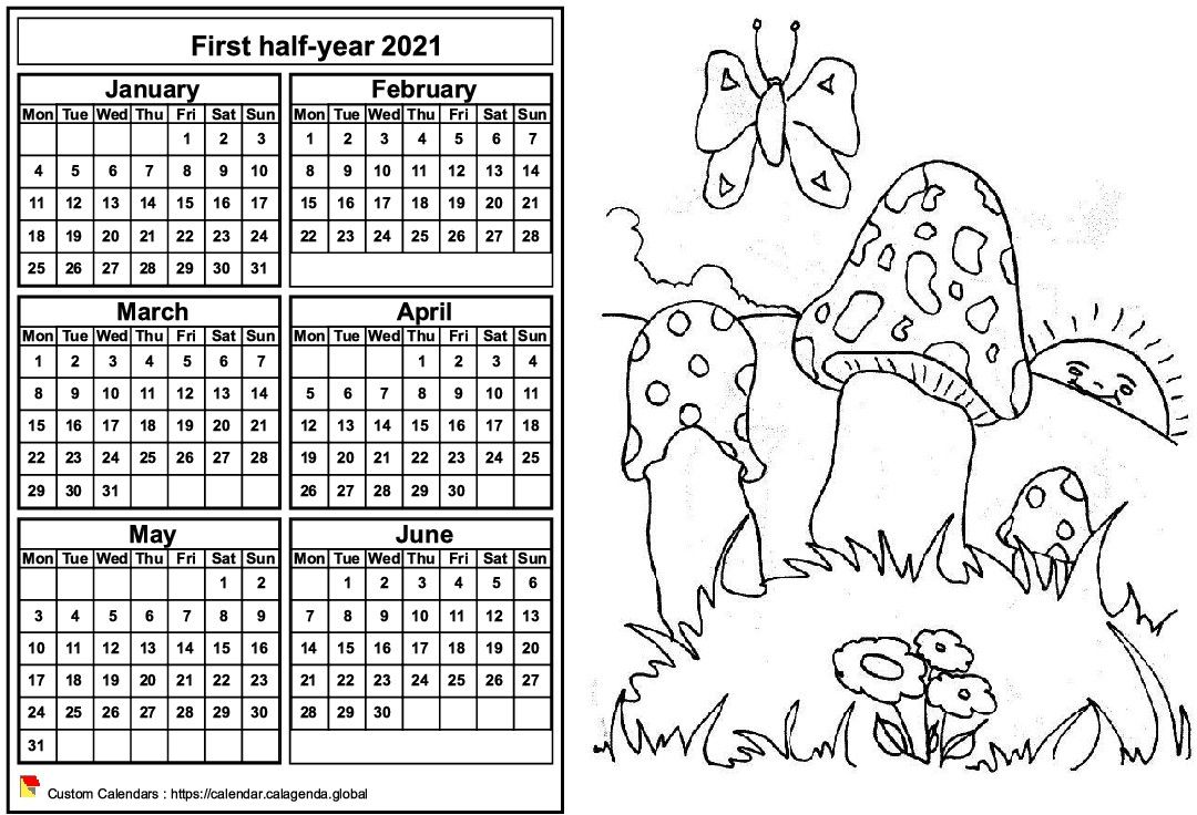 Calendar 2021 to color half-year, format landscape, for children