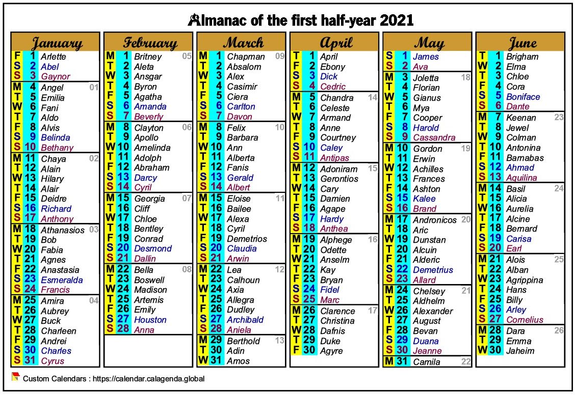 Calendar 2021 half-year six columns of format landscape