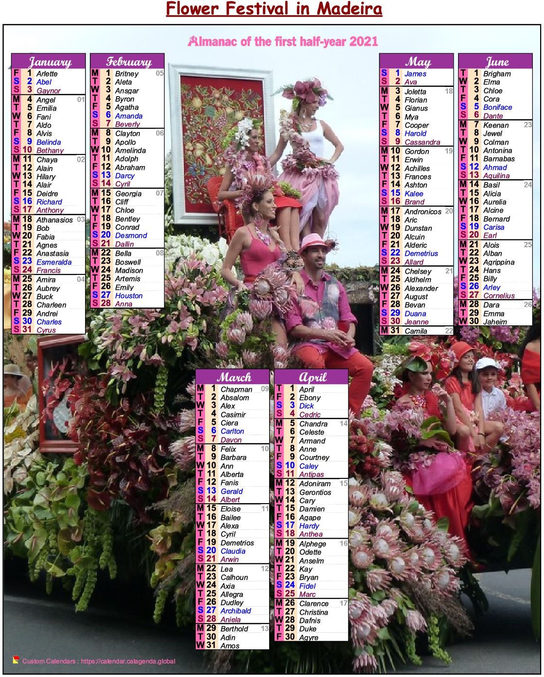 Calendar 2021 half-year flower festival in Madeira