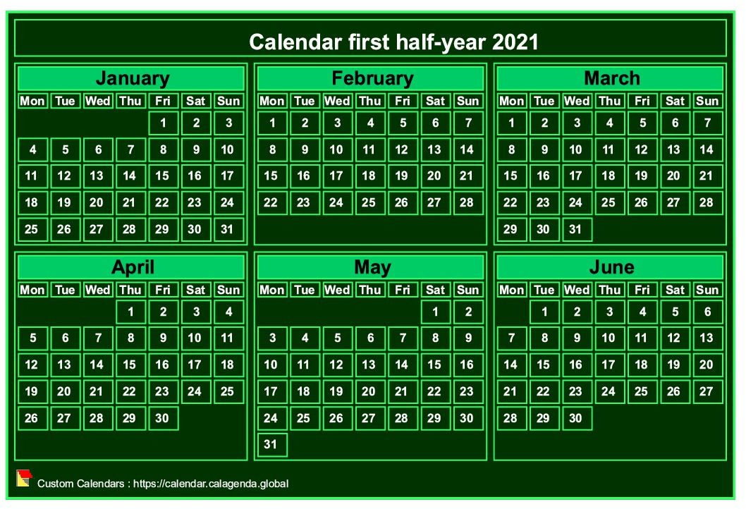 Calendar 2021 to print, half-year, tiny pocket format, green background