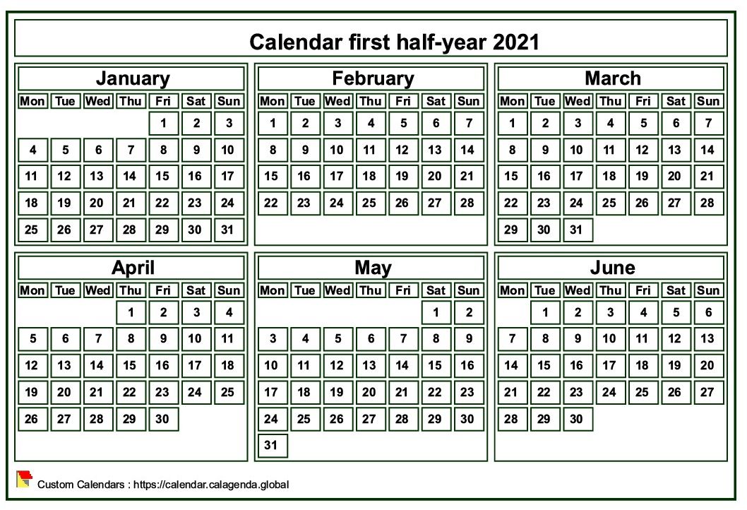 Calendar 2021 to print, halfyear, tiny pocket format