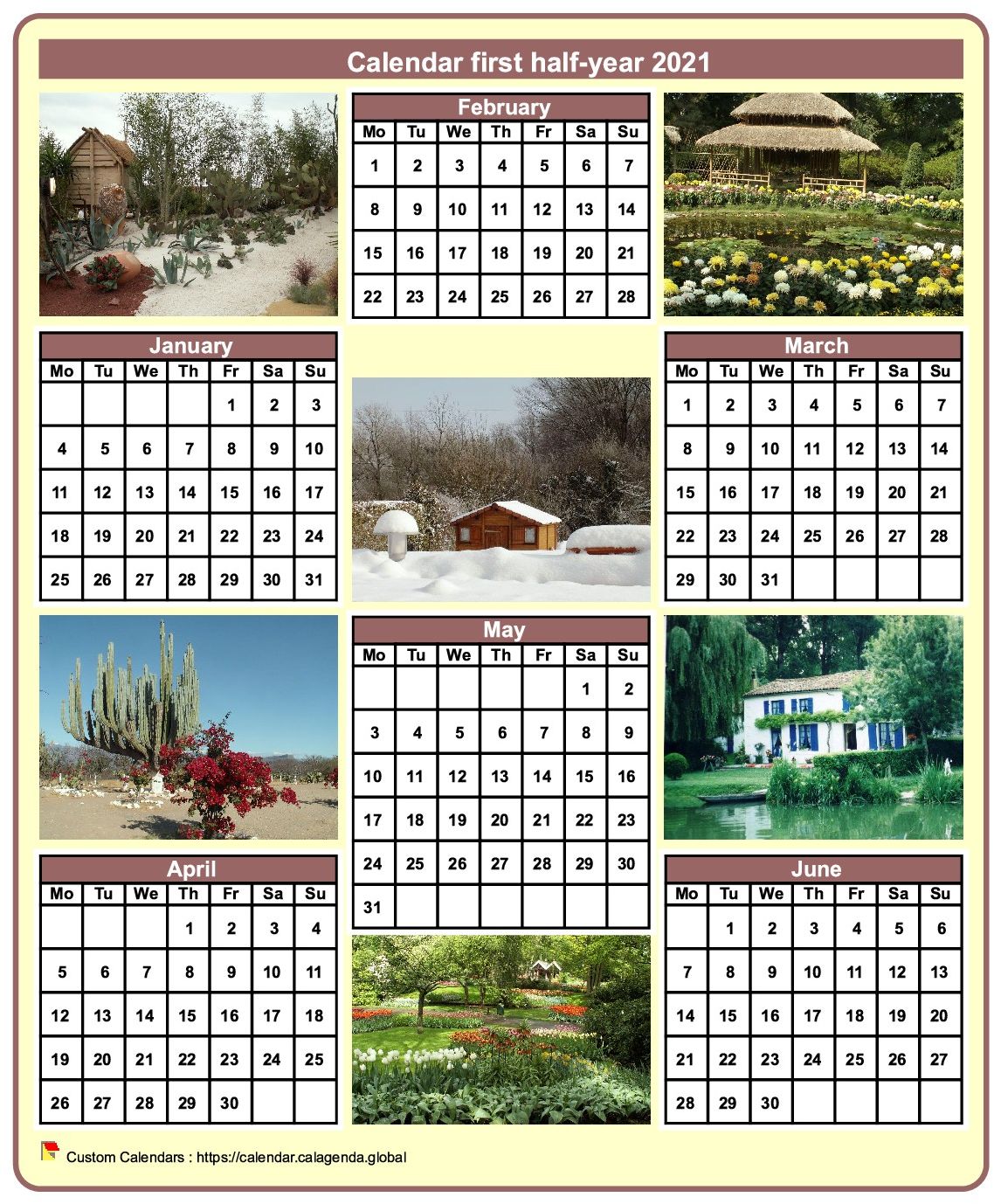 Calendar 2021 half-year with a different photo every month
