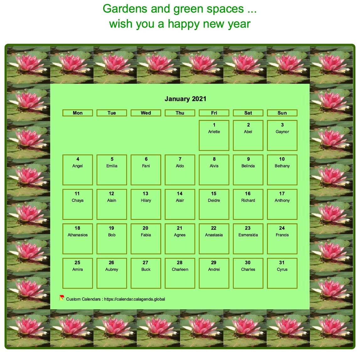 Calendar 2021 decorative agenda monthly, frame with motives waterlilies