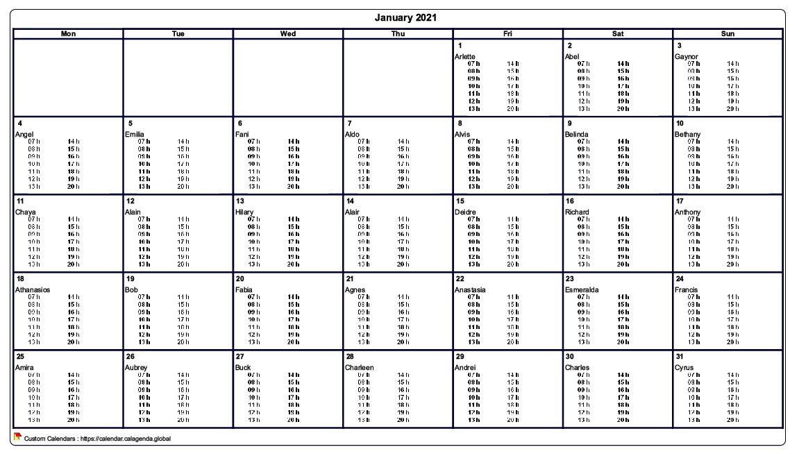Calendar monthly 2021 to print virgin, with timetables in every box