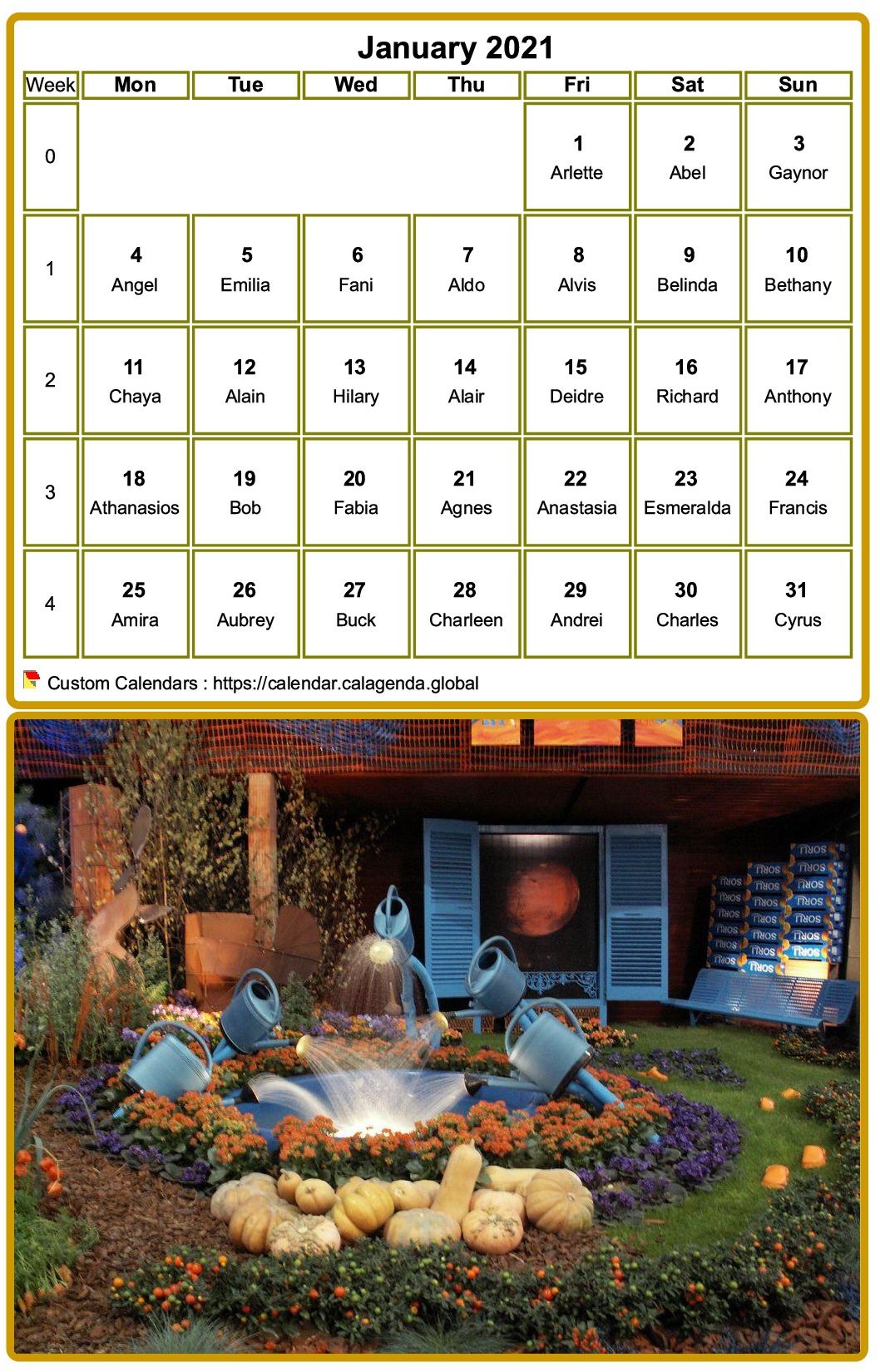 Calendar monthly 2021 to print, with photograph in underside