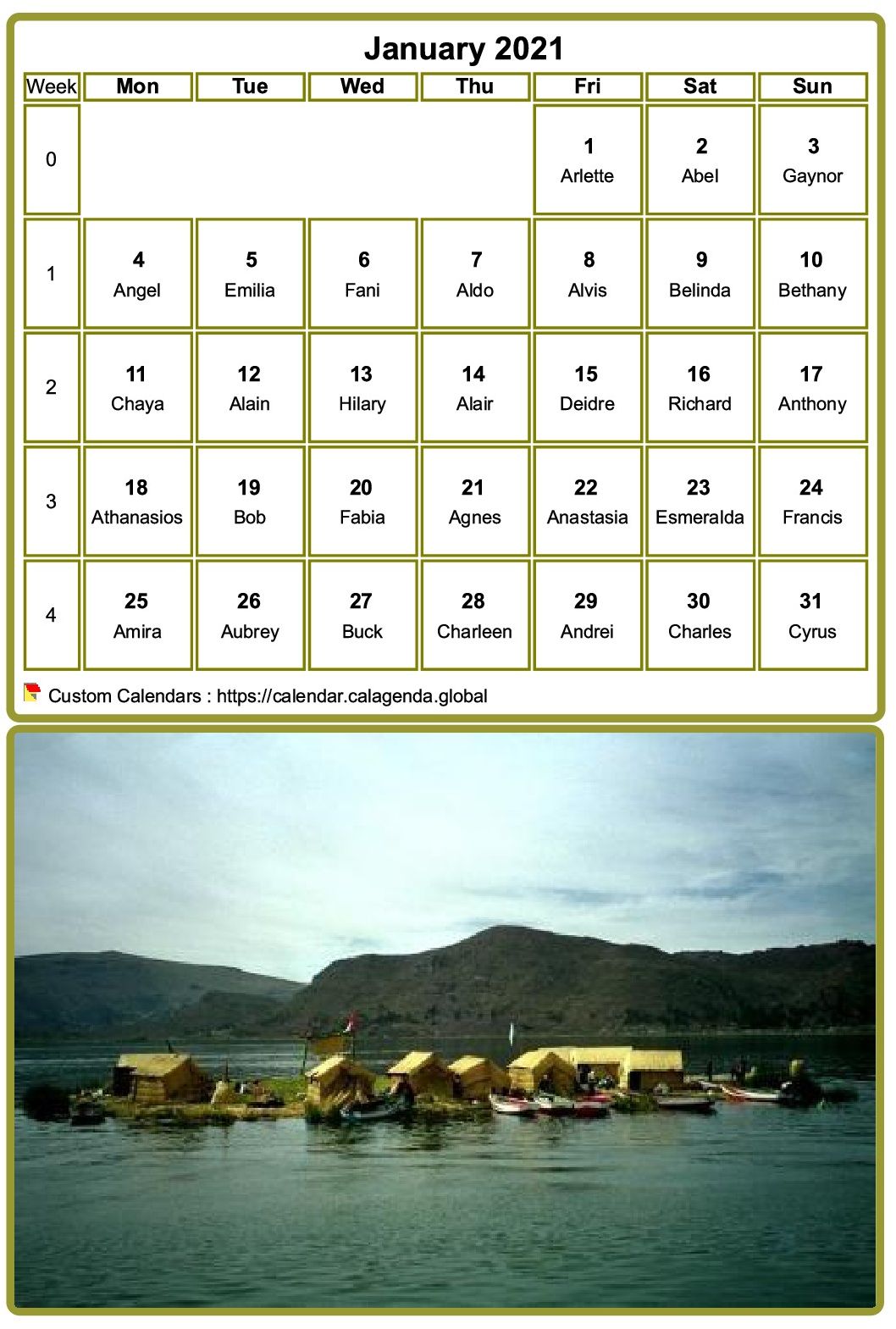 Calendar monthly 2021, table with photo