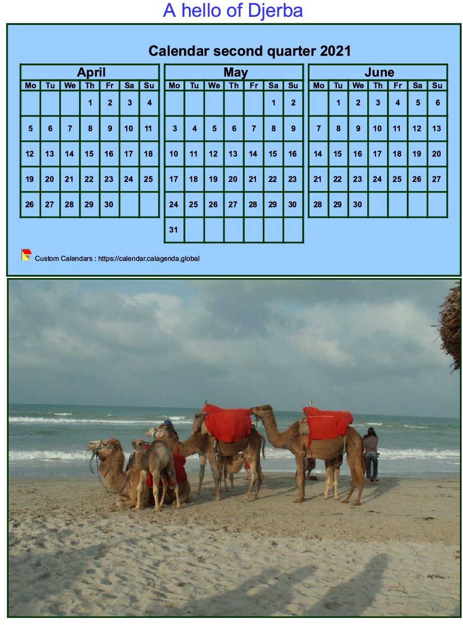 Calendar 2021 to print quarterly, tiny format, blue background, with photo