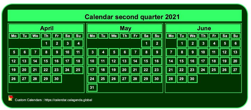 Calendar 2021 to print quarterly, tiny pocket format, green background