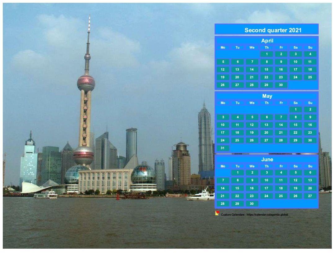 Calendar 2021 to print quarterly, format landscape, above the right part of a photo (Shangaï).