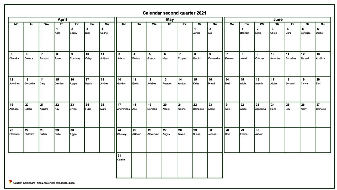 Calendar 2021 to print quarterly, format landscape