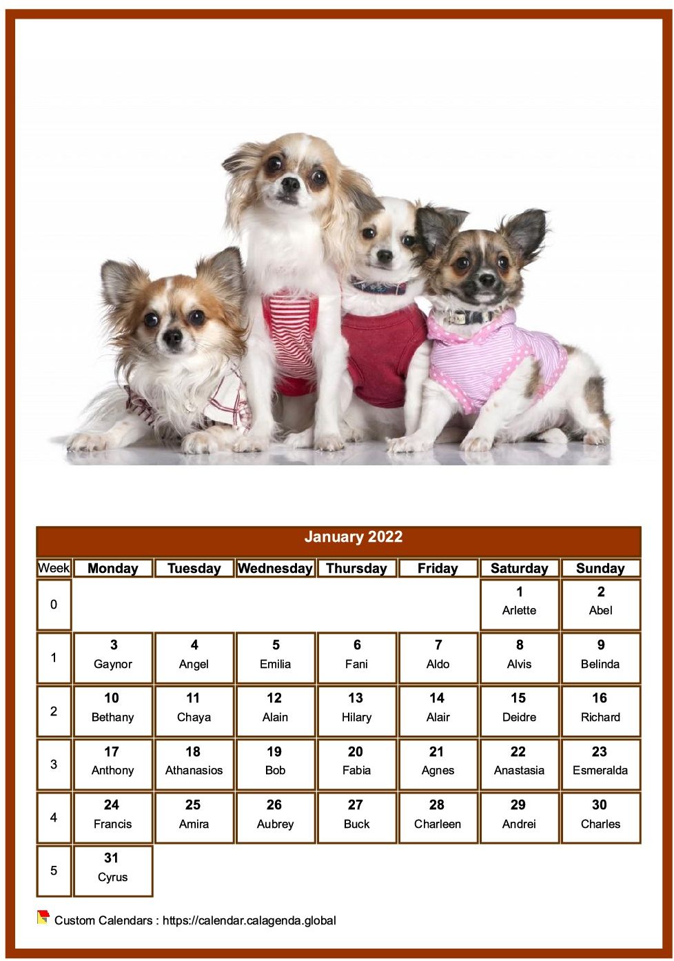 Calendar January 2022 dogs