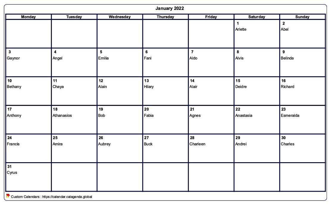 Calendar January 2022 To Print Blank