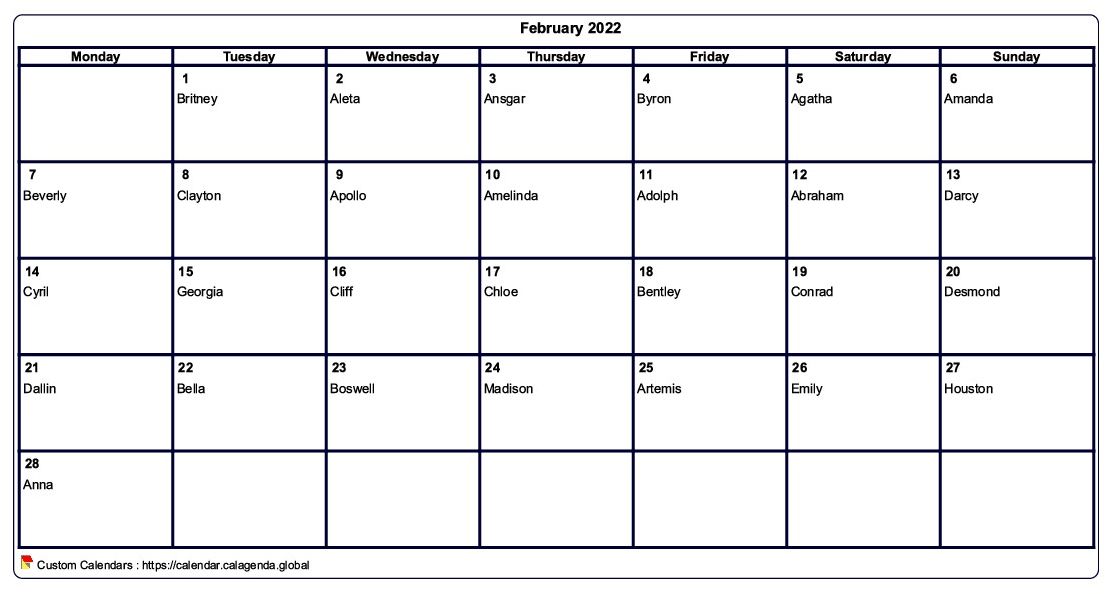 Calendar february 2022 to print blank