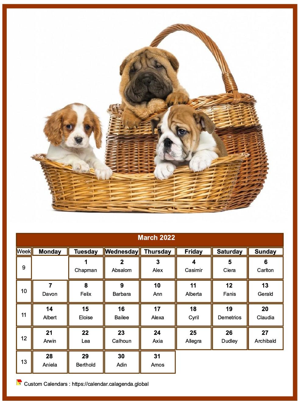 Calendar March 2022 dogs