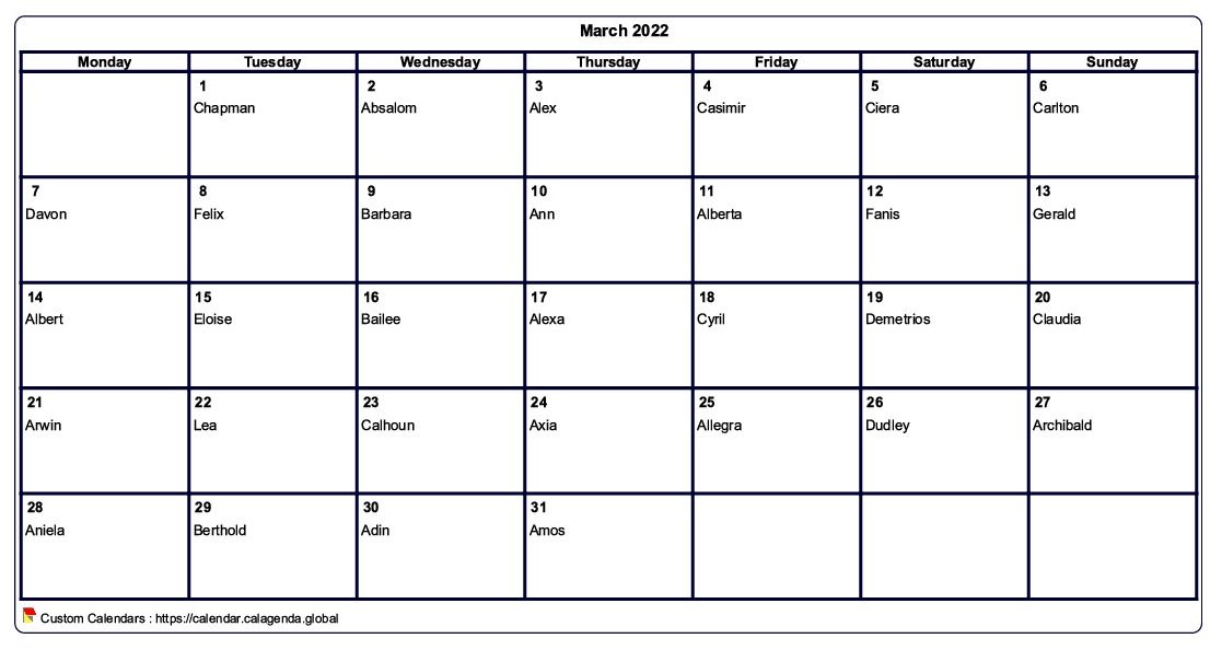 Calendar March 2022 to print blank