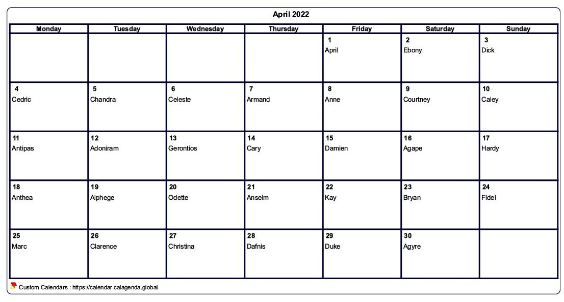 Calendar April 2022 to print blank