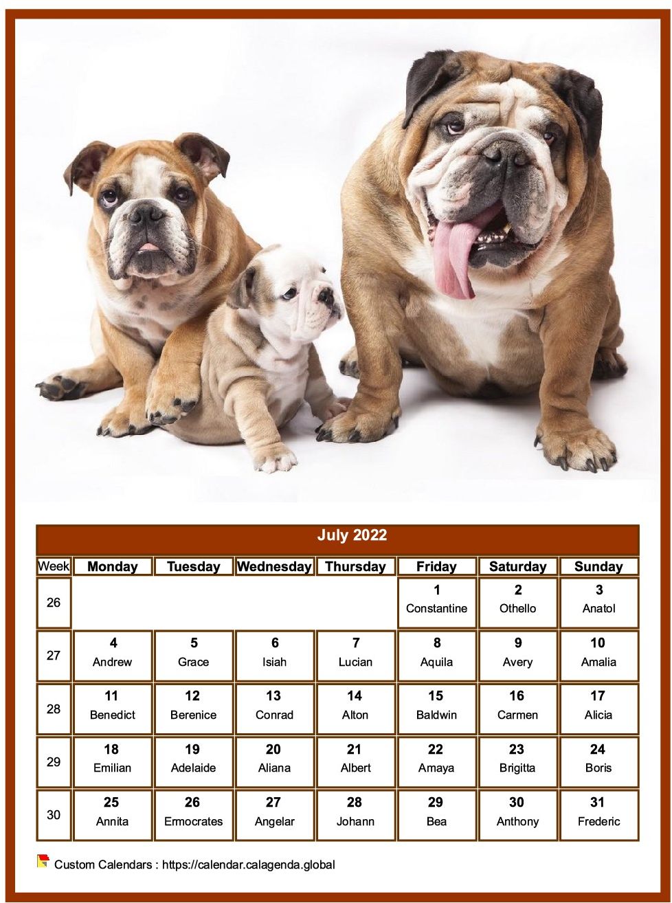 Calendar July 2022 dogs