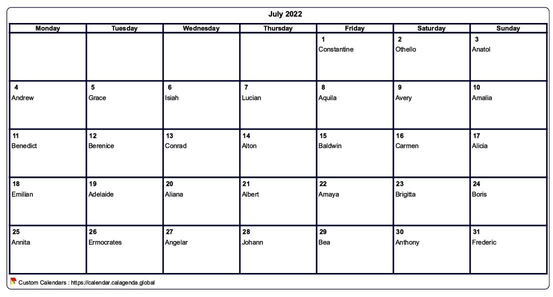 Calendar July 2022 to print blank