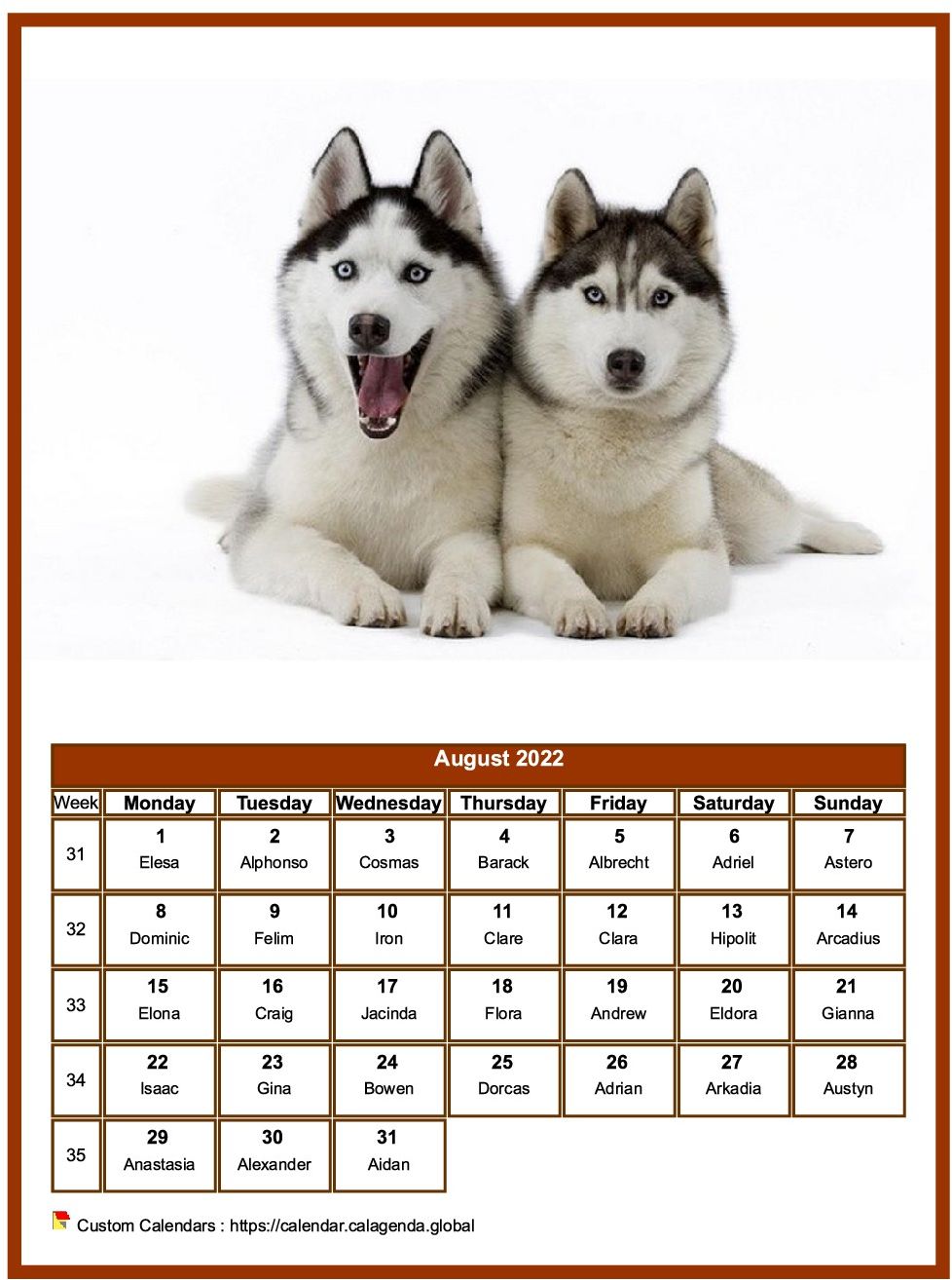 Calendar August 2022 dogs