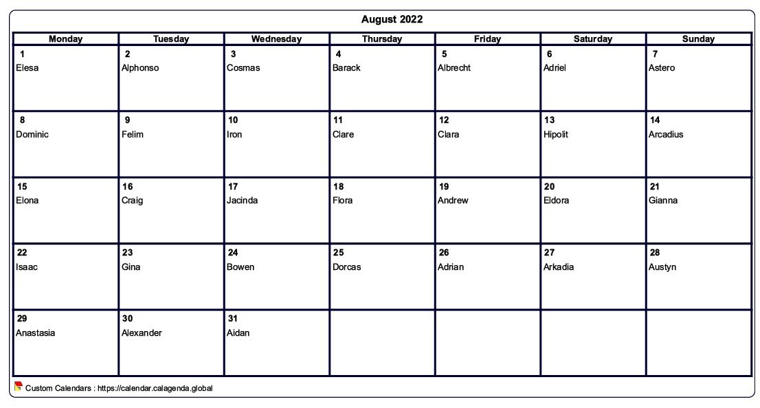 Calendar august 2022 to print blank