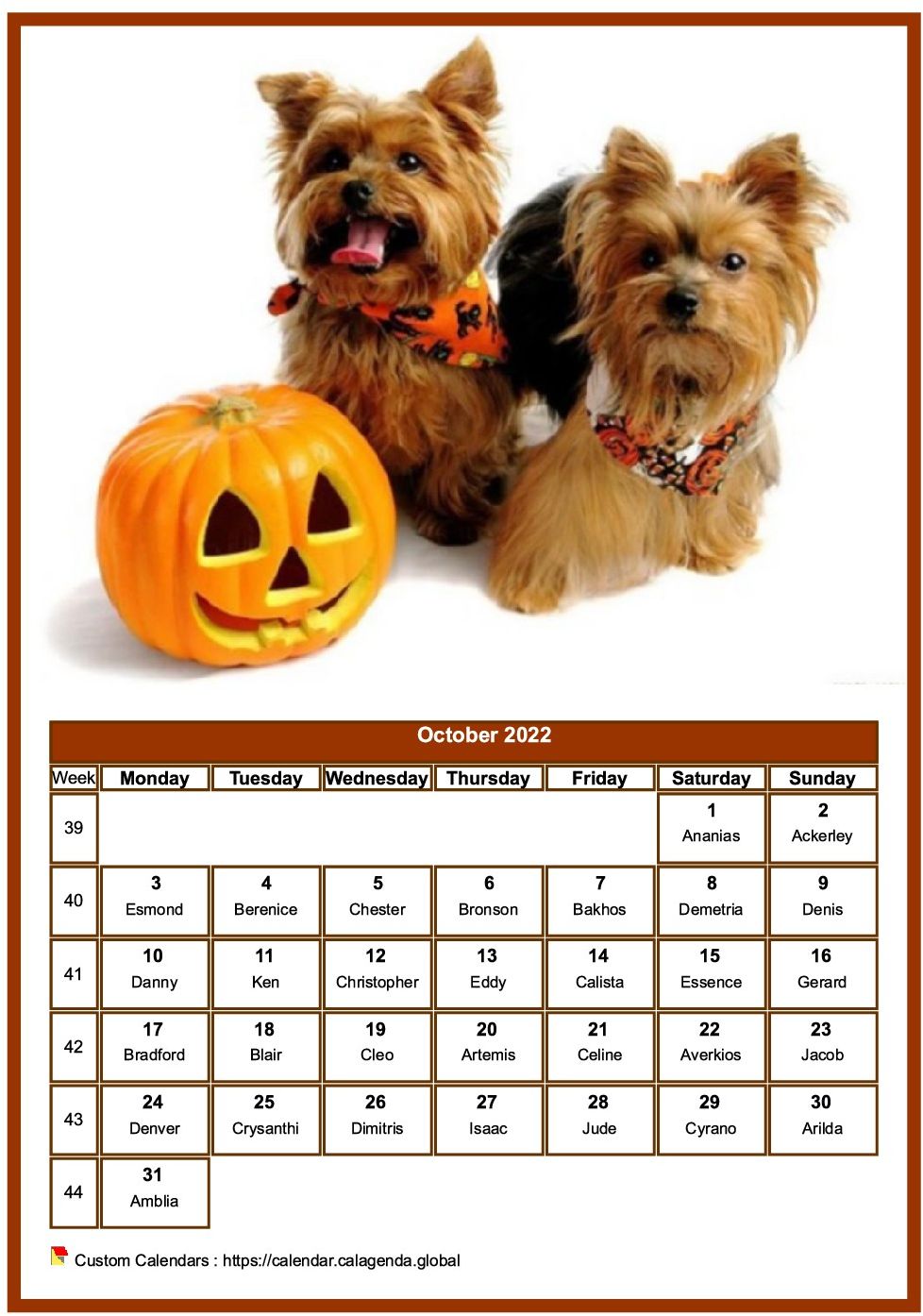 Calendar October 2022 dogs