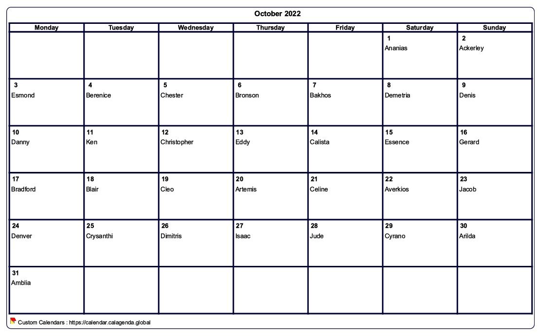 Calendar October 2022 to print blank