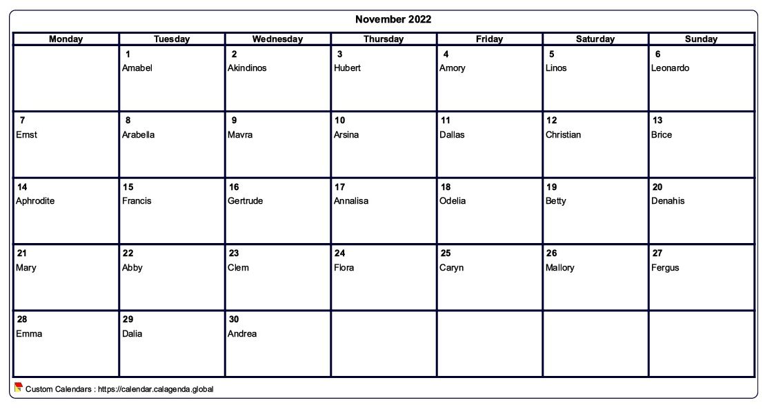 Calendar November 2022 to print blank