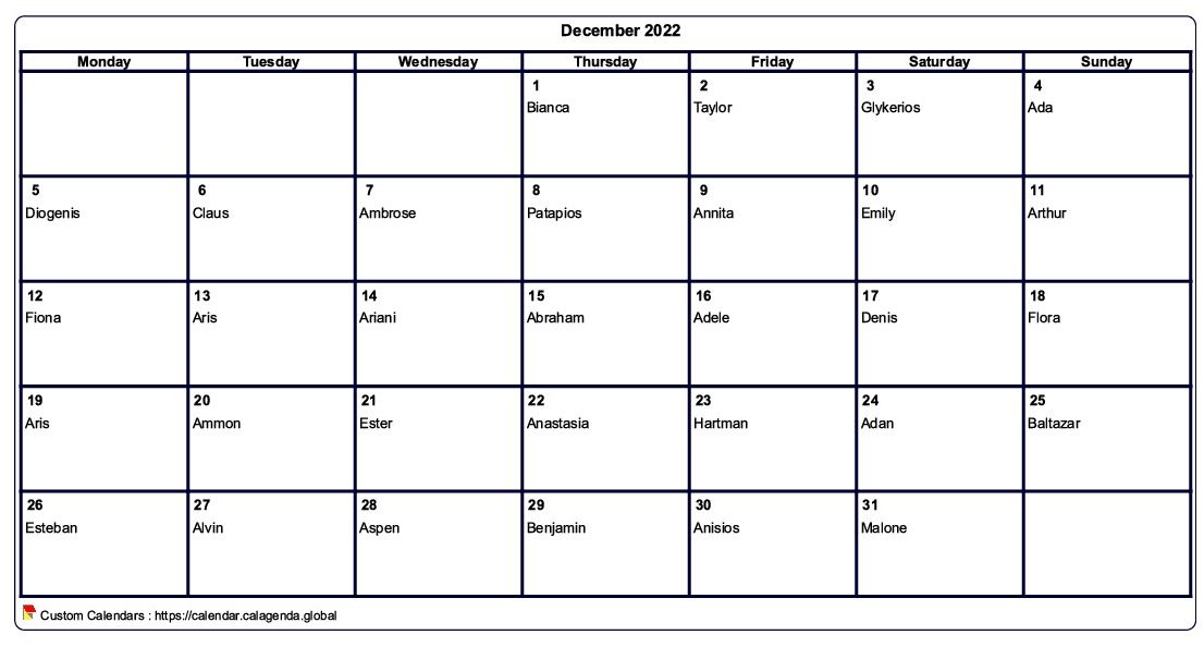 Calendar December 2022 to print blank